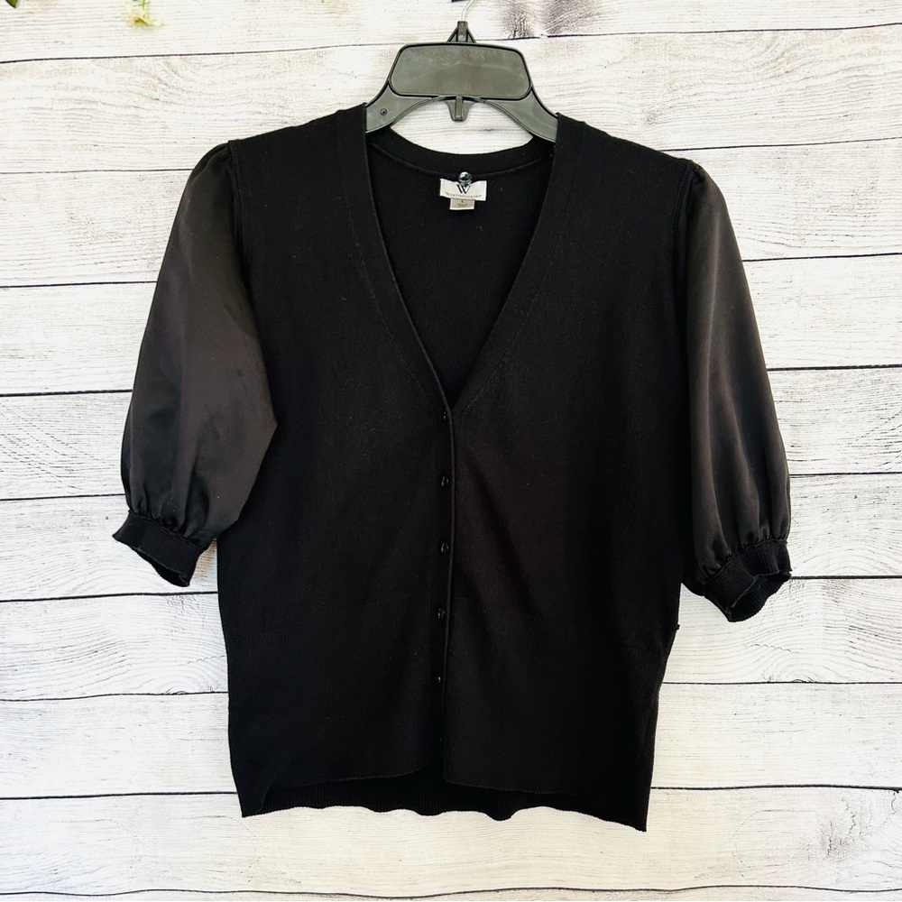 Worthington Women’s Black Satin Half Sleeve V-Neck Cardigan Sweater Size L